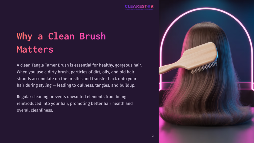 2 Why A Clean Brush Matters Close-Up Of A Wooden Hairbrush With Natural Bristles Gently Detangling A Long, Flowing Brown Hairstyle, Set Against A Dark, Moody Background With A Neon Pink Ring Light.