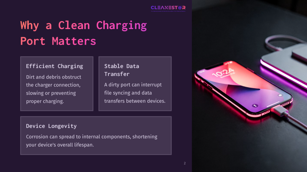 2 Why A Clean Charging Port Matters A Close-Up Of A Smartphone With A Partially Visible Charging Cable, Set Against A Dark Background. Text Highlights Charging Port Importance.