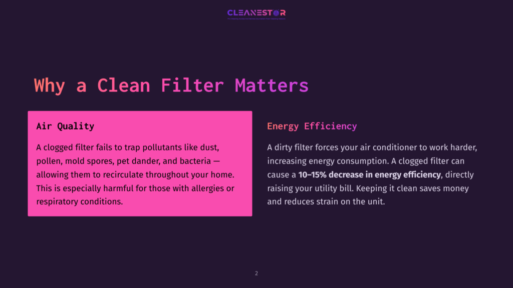 2 Why A Clean Filter Matters Presentation Slide Titled &Quot;Why A Clean Filter Matters,&Quot; With Sections On &Quot;Air Quality&Quot; And &Quot;Energy Efficiency,&Quot; Featuring Text About Clogged Filters And Their Impact.