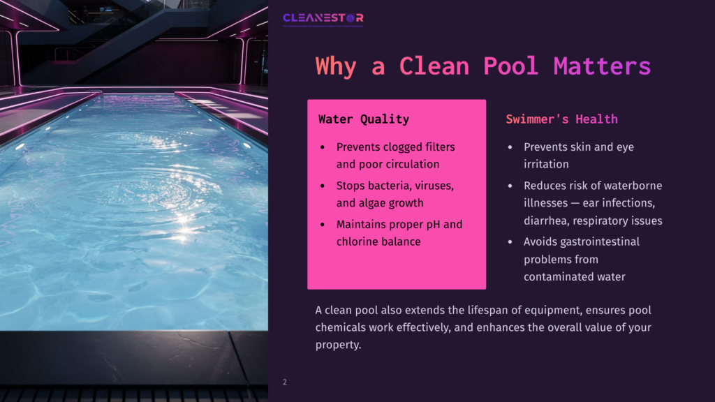 2 Why A Clean Pool Matters A Brightly Lit Pool With Clear Water, Surrounded By Sleek, Modern Tiles And Futuristic Lighting In Purple And Pink Tones.