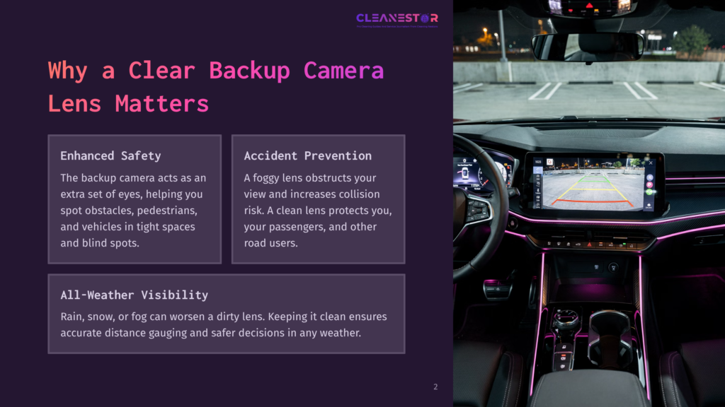 2 Why A Clear Backup Camera Lens Matters Interior Of A Car Featuring A Backup Camera Display, Showing Parking Guidelines. Dark Background With Text Emphasizing Safety And Visibility.