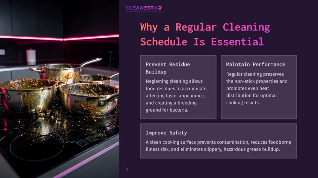 A Messy Stovetop With Three Stainless Steel Pots, Splattered With Food Residue, Against A Dark Background With Pink Lighting Accents.