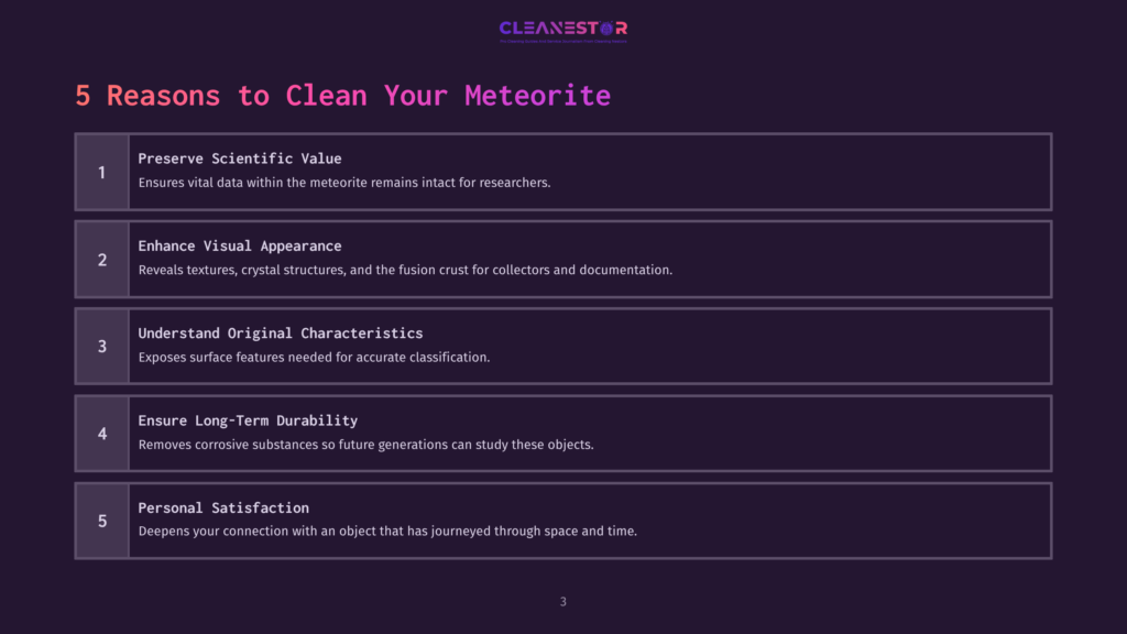 Text On A Dark Background Listing Five Reasons To Clean A Meteorite, Highlighted By Pink Headings And Organized In A Clean Layout.