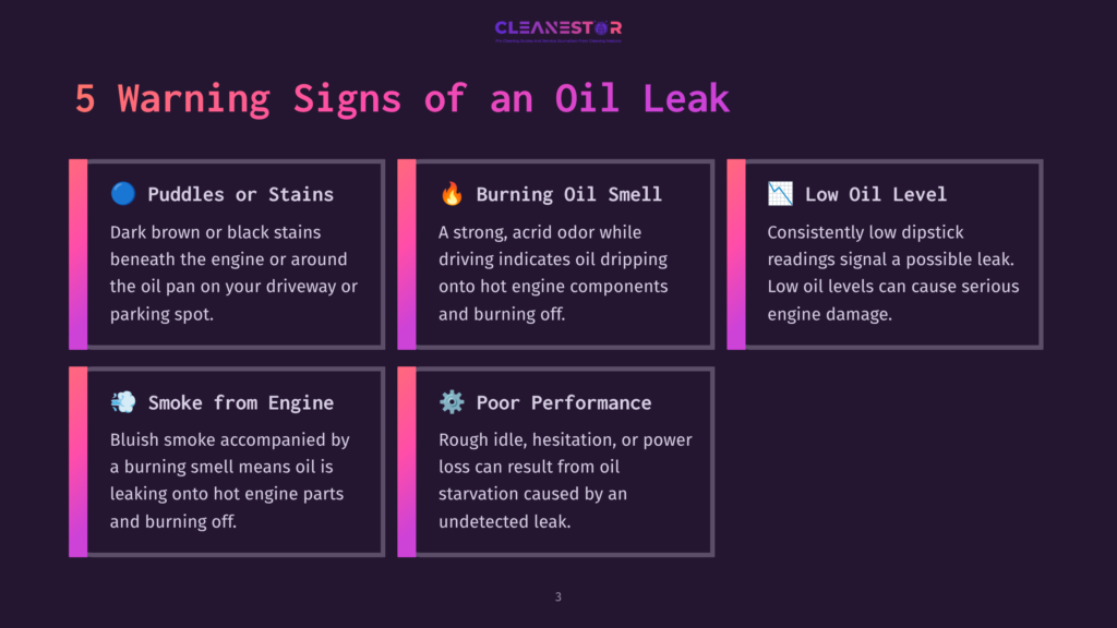 Infographic Titled &Quot;5 Warning Signs Of An Oil Leak&Quot; From Cleanestor, Detailing Puddles/Stains, Burning Oil Smell, Low Oil Level, Smoke From Engine, And Poor Performance.