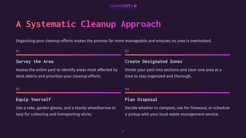 A Dark Purple Slide Titled &Quot;A Systematic Cleanup Approach&Quot; With Text Detailing Steps Like &Quot;Survey The Area,&Quot; &Quot;Create Designated Zones,&Quot; &Quot;Equip Yourself,&Quot; And &Quot;Plan Disposal&Quot; For Organizing Cleanup Efforts.