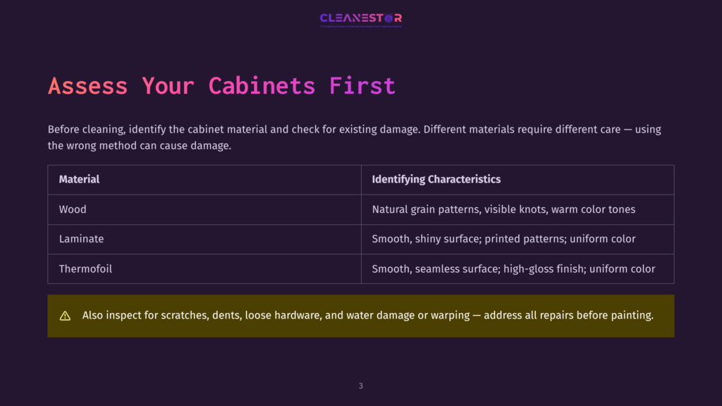 3 Assess Your Cabinets First A Table With Three Rows Detailing Cabinet Materials: Wood, Laminate, And Thermofoil, Along With Their Identifying Characteristics For Cleaning And Repair. The Bottom Of The Table Includes A Warning About Checking For Scratches, Dents, And Water Damage Before Painting.