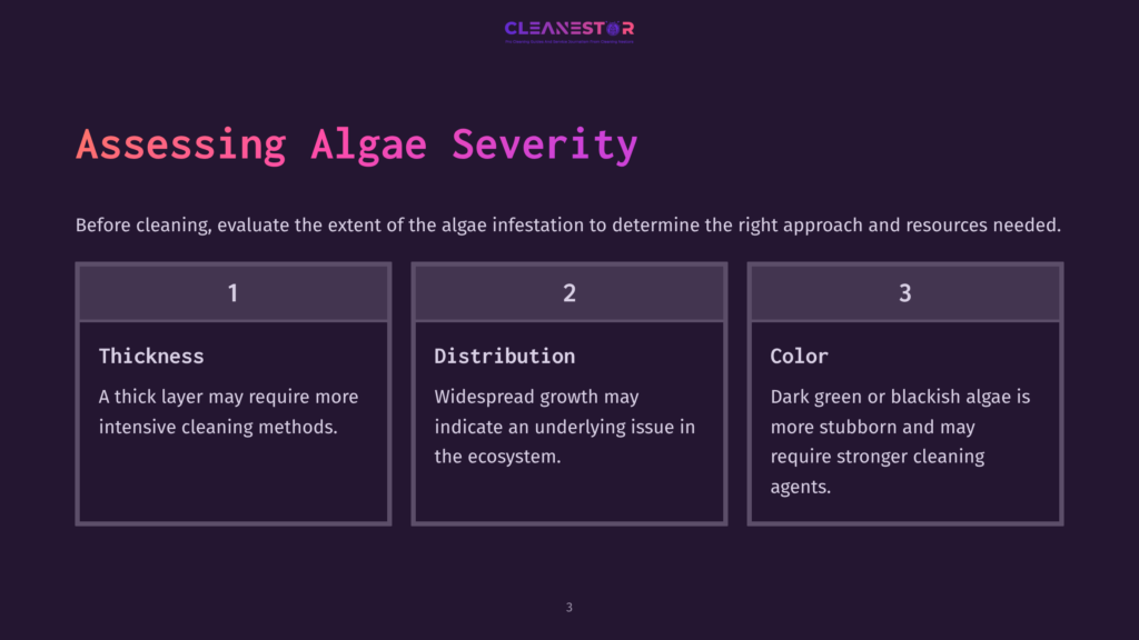 Three Distinct Sections Detailing Algae Assessment Criteria: Thickness, Distribution, And Color, With Pink Headings On A Dark Background.