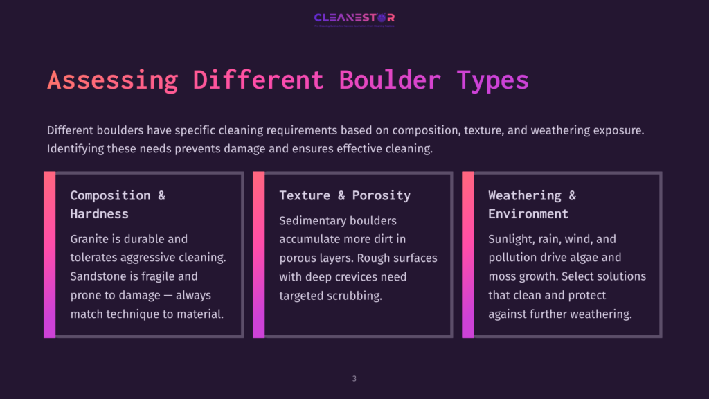 Text-Heavy Infographic With A Dark Background, Highlighting Boulder Types, Cleaning Methods, And Their Specific Care Requirements.