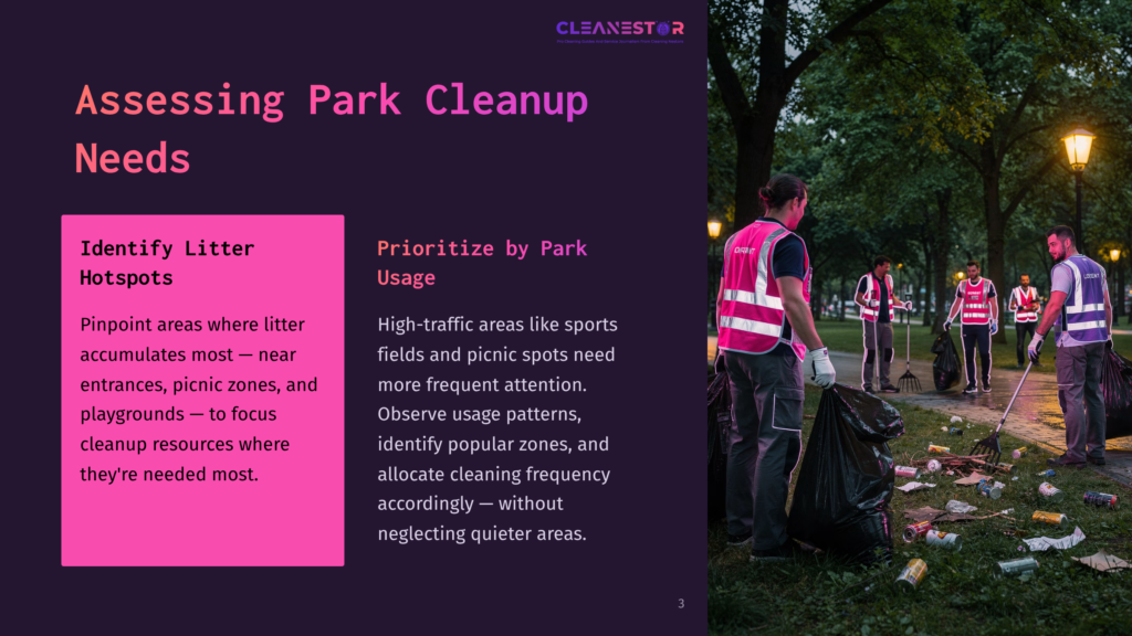 Two Volunteers In Pink Vests Collect Litter At A Park, With Trees And Benches In The Background, Illustrating Community Cleanup Efforts.