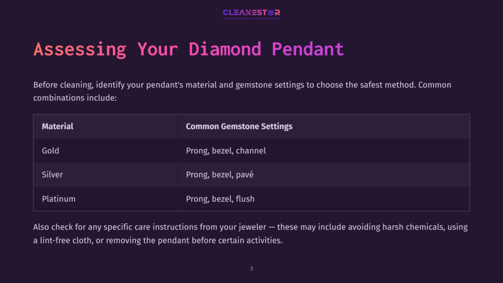 Text On A Dark Background Outlining Different Materials And Settings For A Diamond Pendant, With Sections For Gold, Silver, And Platinum.