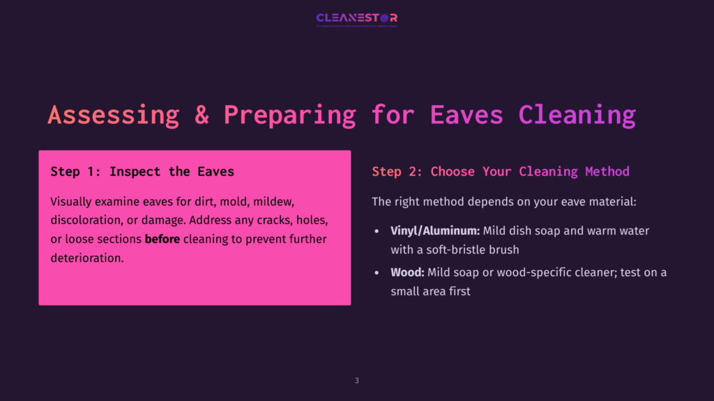 Step-By-Step Guide With Purple And Pink Text On Cleaning Eaves, Featuring Inspection Tips And Cleaning Methods For Various Materials.