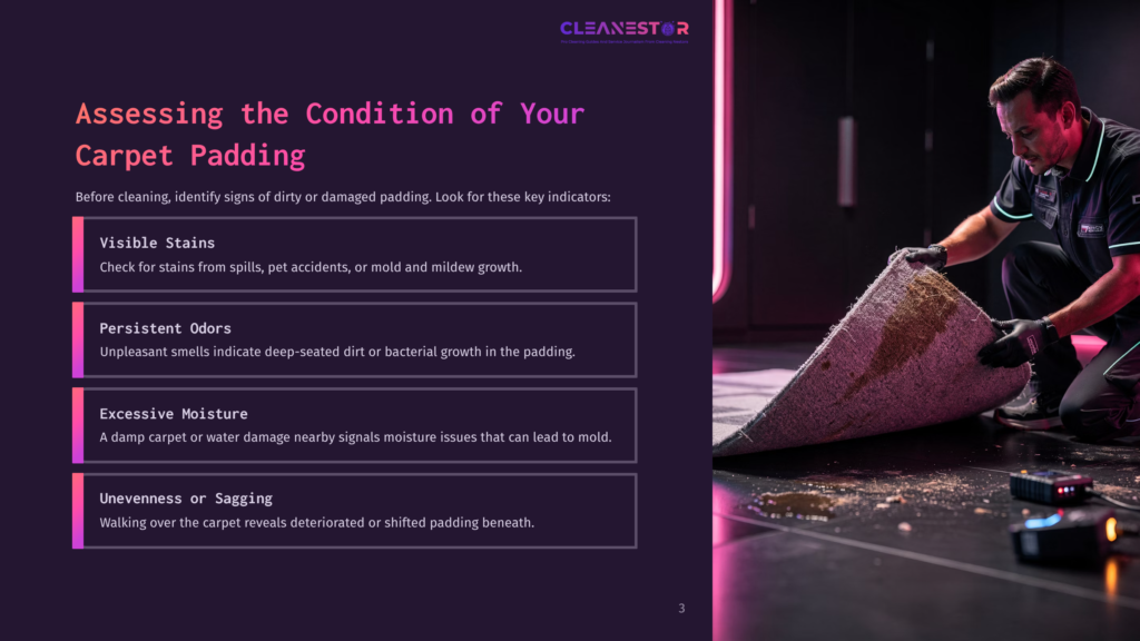 A Person In Work Attire Inspects Carpet Padding, Revealing Stained And Damp Areas, With A Pink Neon Backdrop Illuminating The Scene.