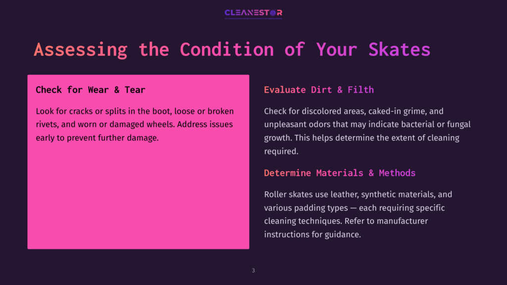 A Bright Pink Box On The Left Highlights Tips For Assessing Roller Skates, With Purple Text Detailing Checks For Wear, Dirt, And Materials.