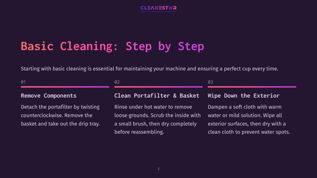 Step-By-Step Instructions For Cleaning A Krups Espresso Machine, Featuring Clear Sections, Numbered Steps, And Purple Text On A Dark Background.