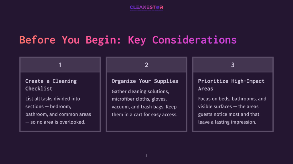 Three Text Boxes On A Dark Purple Background: Checklist Creation, Organizing Supplies, And Prioritizing High-Impact Areas, All With Vibrant Headers.