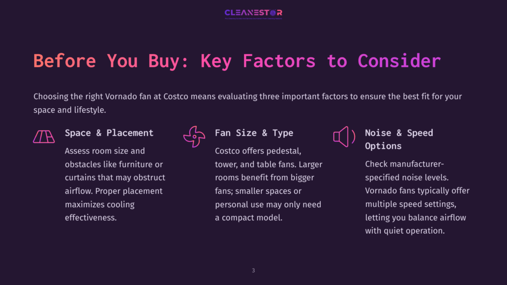 3 Before You Buy Key Factors To Consider Infographic Titled &Quot;Before You Buy: Key Factors To Consider&Quot; For Vornado Fans, Detailing Space &Amp; Placement, Fan Size &Amp; Type, And Noise &Amp; Speed Options.