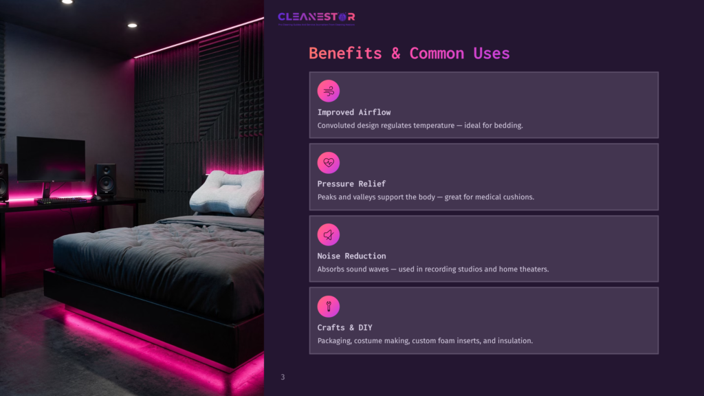 A Modern Bedroom With Acoustic Foam Panels On The Walls, A Bed With A White Pillow, And Vibrant Pink Led Lighting. The Image Also Displays Benefits Of A Product, Including Improved Airflow, Pressure Relief, Noise Reduction, And Crafts &Amp; Diy.