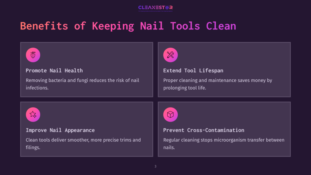 Graphic Listing Benefits Of Keeping Nail Tools Clean: Promote Nail Health, Extend Tool Lifespan, Improve Nail Appearance, Prevent Cross-Contamination.