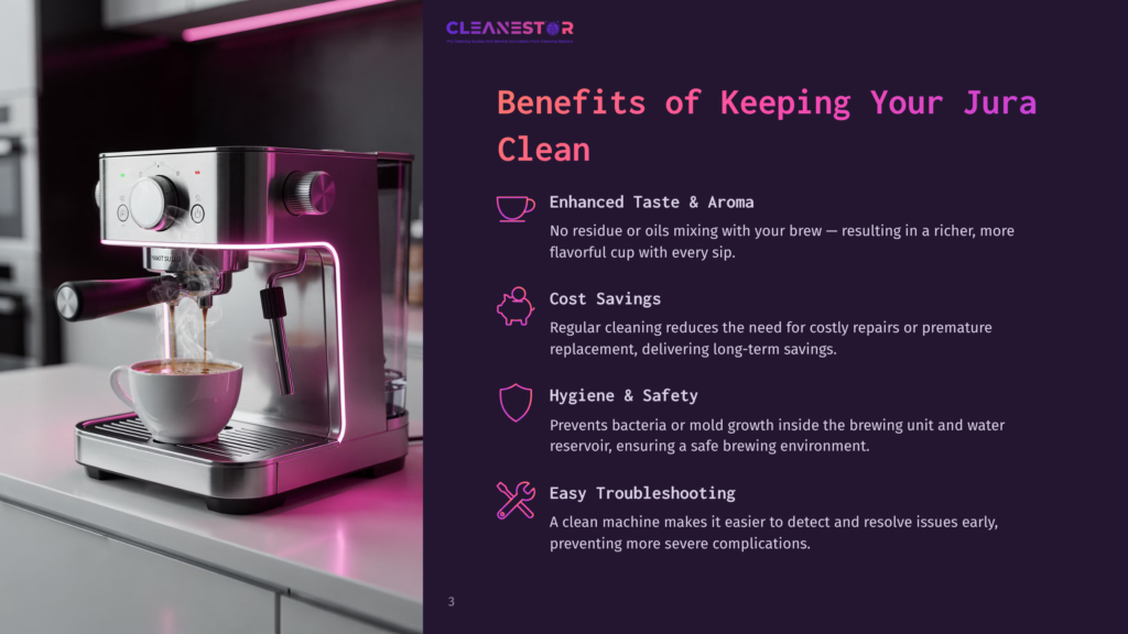 A Sleek Black And Silver Coffee Machine With A Cup Below, Emitting Steam, Set Against A Purple Background Highlighting Cleaning Benefits.