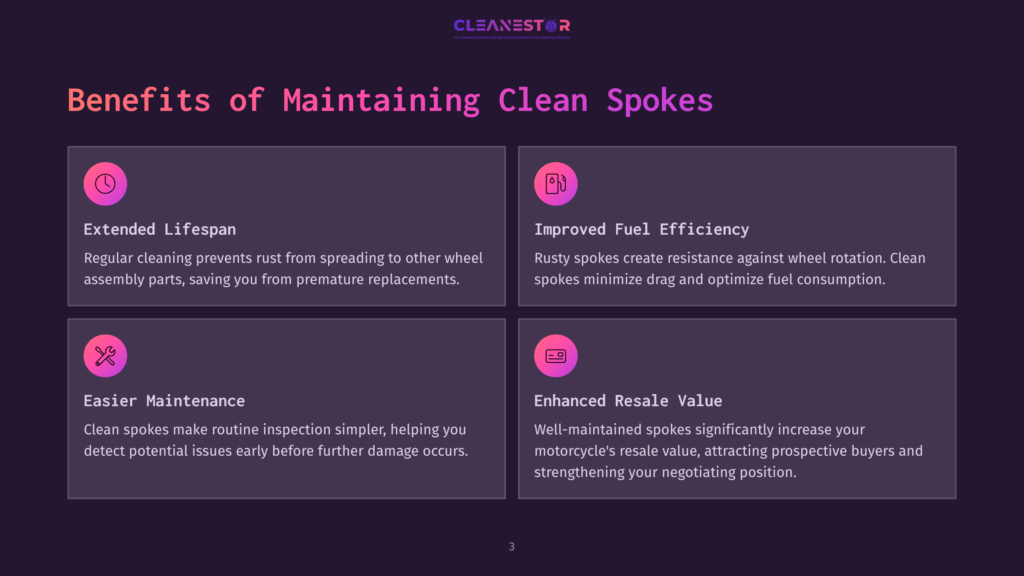 3 Benefits Of Maintaining Clean Spokes Infographic Detailing The Benefits Of Maintaining Clean Motorcycle Spokes: Extended Lifespan, Improved Fuel Efficiency, Easier Maintenance, And Enhanced Resale Value, With Icons Representing Each Benefit.