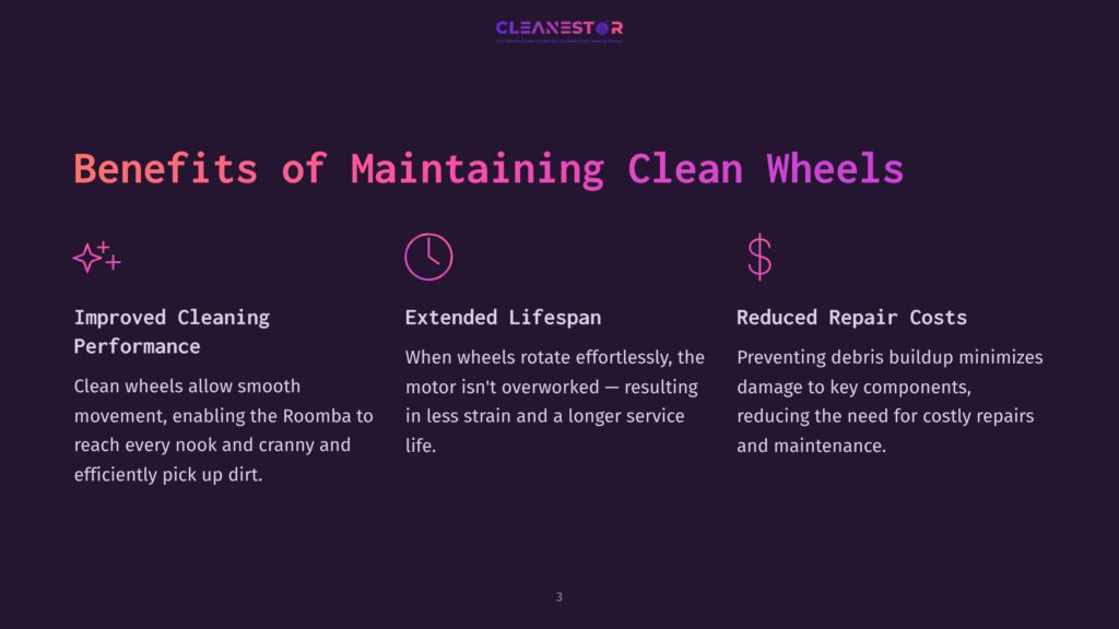 3 Benefits Of Maintaining Clean Wheels Text On A Dark Purple Background Highlights Benefits Of Maintaining Clean Roomba Wheels: Improved Performance, Lifespan, And Reduced Repairs.