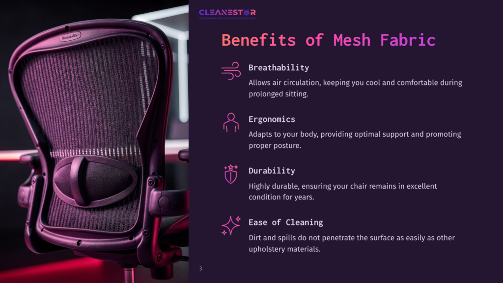 A Close-Up Of A Black Mesh Aeron Chair Highlighting Features Like Breathability, Ergonomics, Durability, And Ease Of Cleaning In Vibrant Colors.