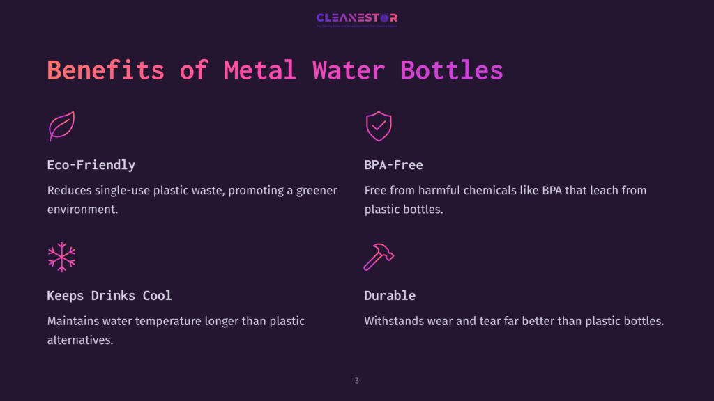 Benefits Of Metal Water Bottles: Eco-Friendly, Bpa-Free, Keeps Drinks Cool, And Durable. Icons Represent Each Benefit.