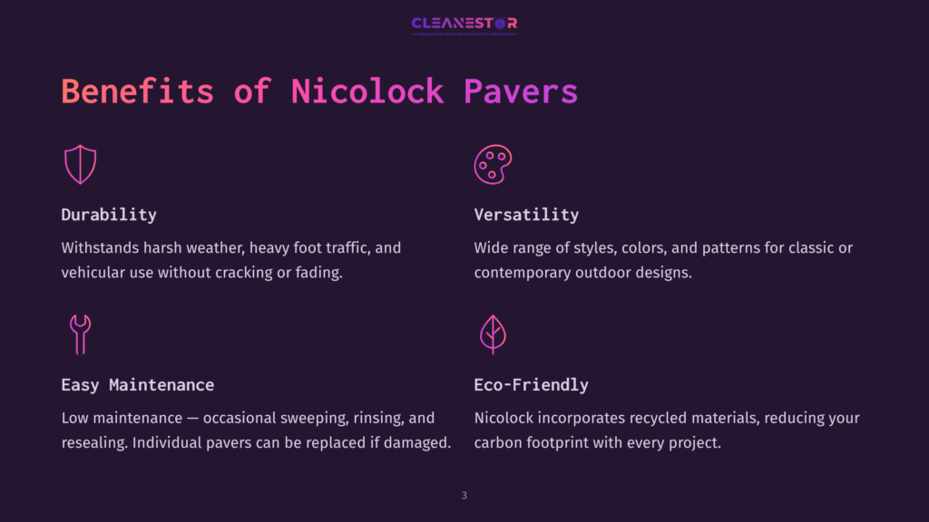 A Dark Purple Graphic Displays The Cleanestor Logo And Text About The Benefits Of Nicolock Pavers, Including Durability, Versatility, Easy Maintenance, And Eco-Friendly Features.