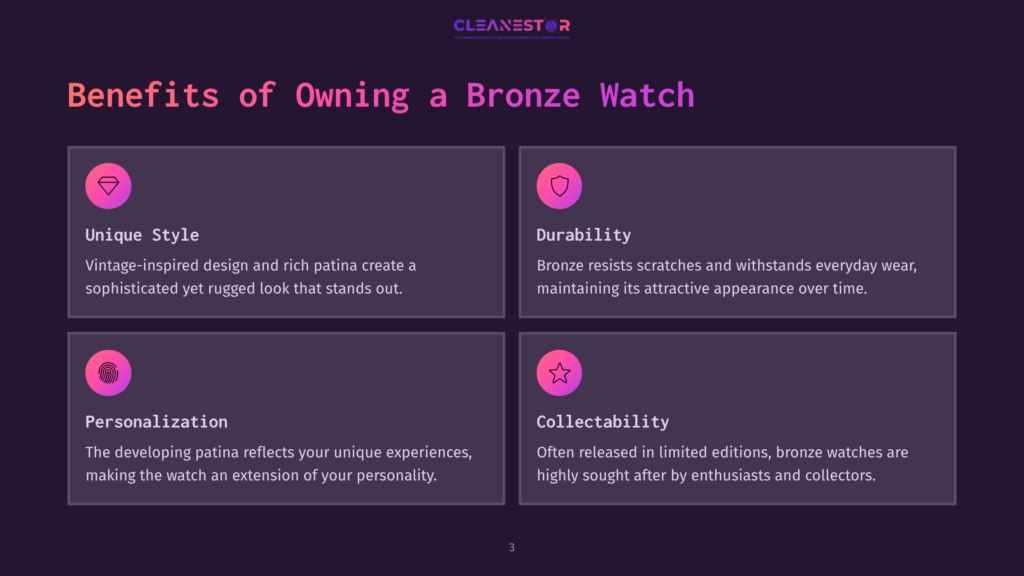 3 Benefits Of Owning A Bronze Watch Benefits Of Owning A Bronze Watch&Quot; Title Card With Four Sections: Unique Style, Durability, Personalization, And Collectability. Each Section Has A Circular Icon And Descriptive Text.