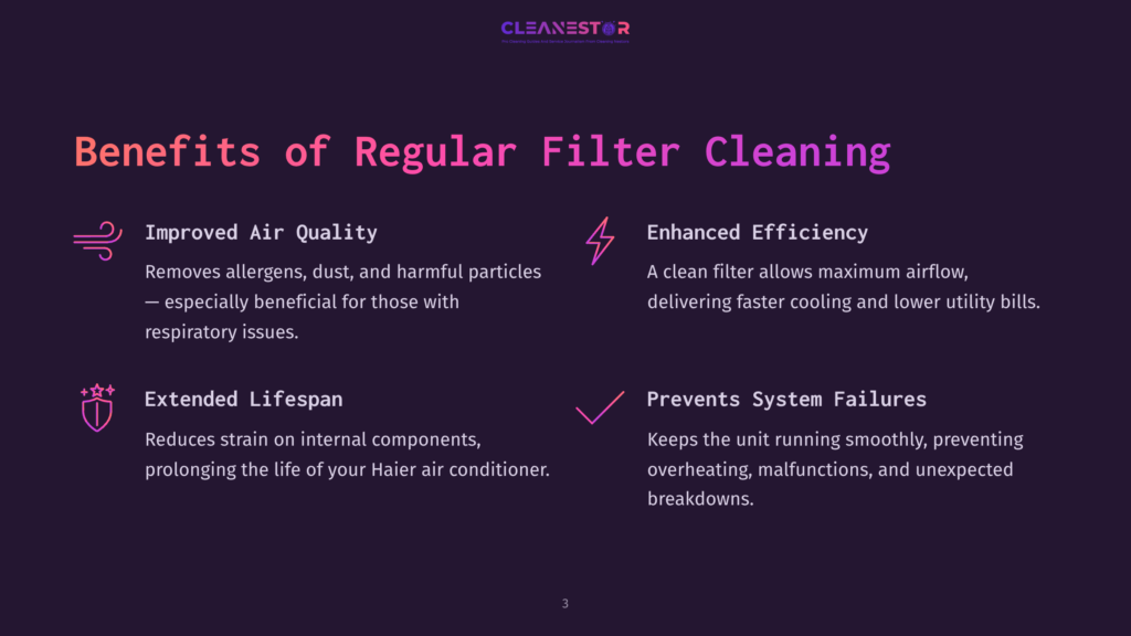3 Benefits Of Regular Filter Cleaning Benefits Of Regular Filter Cleaning: Improved Air Quality, Enhanced Efficiency, Extended Lifespan, And Prevents System Failures. Dark Purple Background With Stylized Icons And Text.