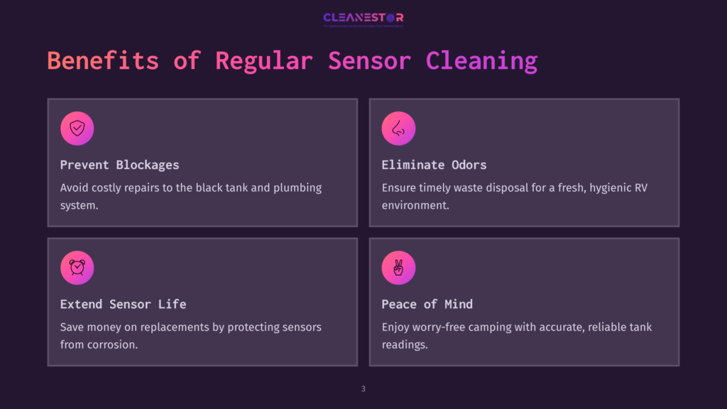 Infographic With The Title &Quot;Benefits Of Regular Sensor Cleaning,&Quot; Detailing Four Key Advantages: Prevent Blockages, Eliminate Odors, Extend Sensor Life, And Peace Of Mind, Each With A Brief Explanation.