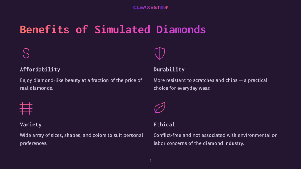 Bullet Points Highlight The Benefits Of Simulated Diamonds: Affordability, Durability, Variety, And Ethical Sourcing, On A Dark Purple Background.