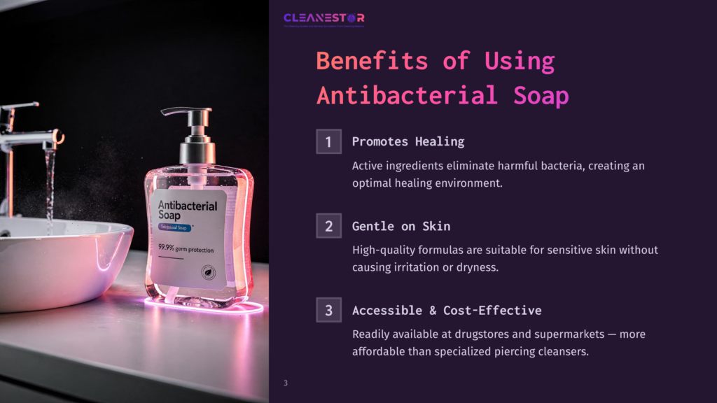 3 Benefits Of Using Antibacterial Soap Clear Antibacterial Soap Bottle Next To A Sink, With Purple Accents And Text Highlighting Benefits Of Using The Product For Skin Care.