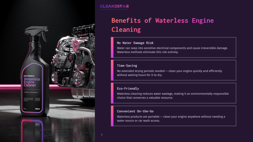 3 Benefits Of Waterless Engine Cleaning Cleanestor Waterless Engine Cleaner Spray Bottle And Engine Parts On A Dark Background, Highlighting Benefits Of Waterless Cleaning.