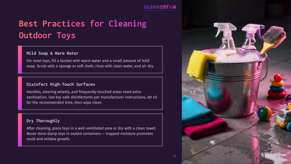 3 Best Practices For Cleaning Outdoor Toys A Cleaning Bucket Filled With Soapy Water And Cleaning Supplies, Including Spray Bottles, Sponges, And Cloths, Sits On A Tiled Floor. The Image Illustrates Best Practices For Cleaning Outdoor Toys.