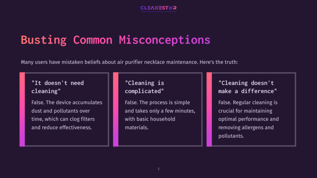 Three Text Boxes On A Dark Purple Background Addressing Misconceptions About Air Purifier Necklace Maintenance, With Key Points Highlighted.