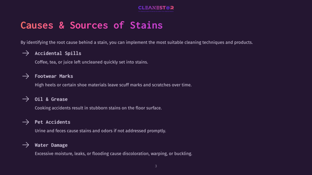 3 Causes And Sources Of Stains A Dark Background Highlights Text Outlining Common Sources Of Stains On Hardwood Floors, Including Accidental Spills And Pets.