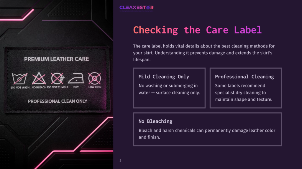Care Label With Cleaning Instructions For Leather Skirts, Featuring Icons For Care Methods And Warnings Against Bleaching, On A Dark Background.