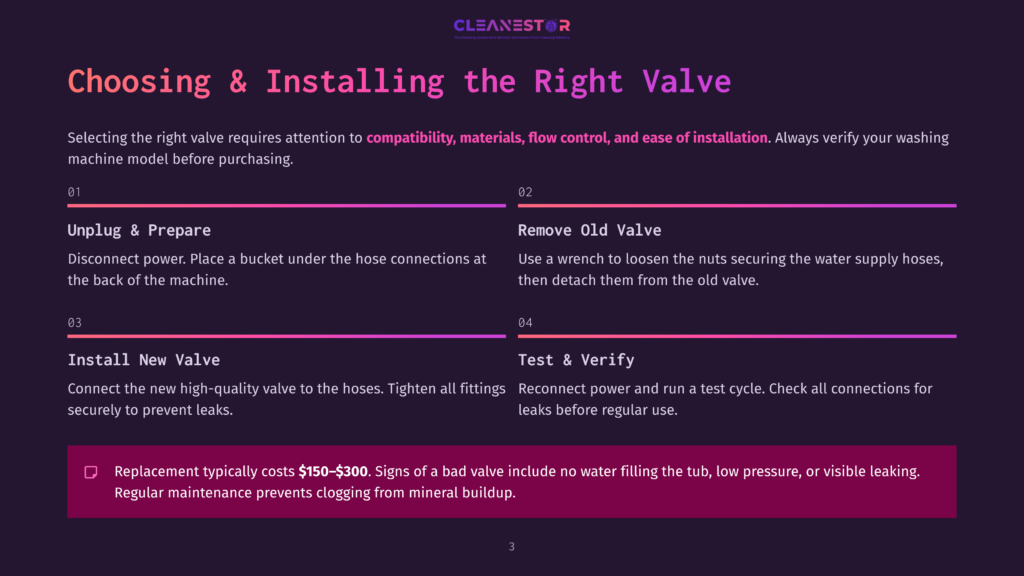 The Cleanestor Logo Is Displayed Above A Graphic Detailing How To Choose And Install The Right Washing Machine Valve, With Steps Including Preparing, Removing The Old Valve, Installing The New One, And Testing.