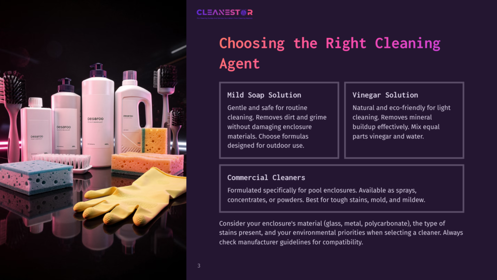 3 Choosing The Right Cleaning Agent A Cleaning Supplies Display Featuring Bottles Of &Quot;Dessaroo&Quot; Cleaning Product, A Yellow Rubber Glove, And A Blue Cleaning Sponge, With Text Overlay &Quot;Cleanestor Choosing The Right Cleaning Agent&Quot;.