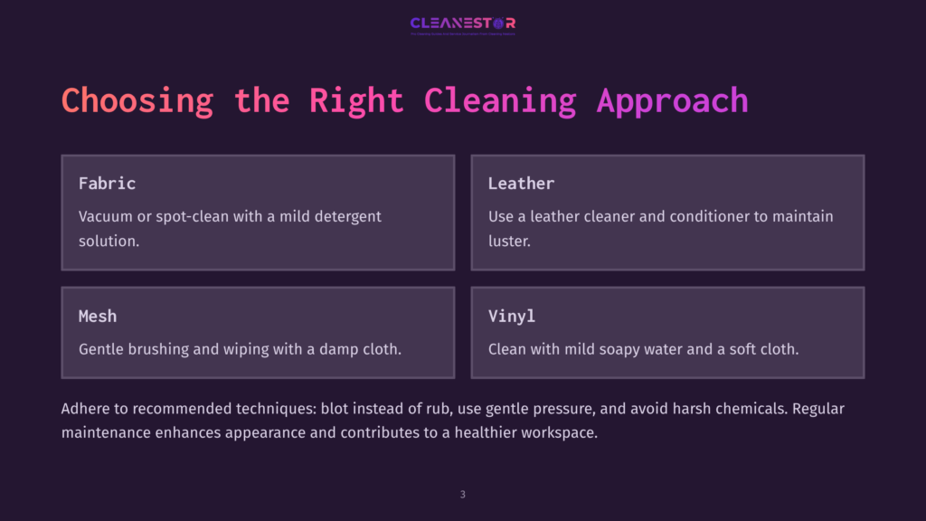 Text On A Dark Background Lists Cleaning Tips For Fabric, Leather, Mesh, And Vinyl Office Chairs, With Headings In Bright Pink.