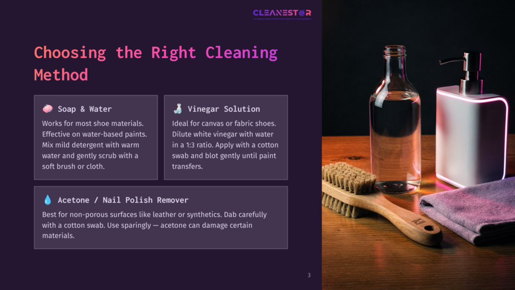 3 Choosing The Right Cleaning Method A Bottle Of Vinegar Next To A Brush And A Towel, Set Against A Purple Background With Cleaning Method Descriptions Highlighted.