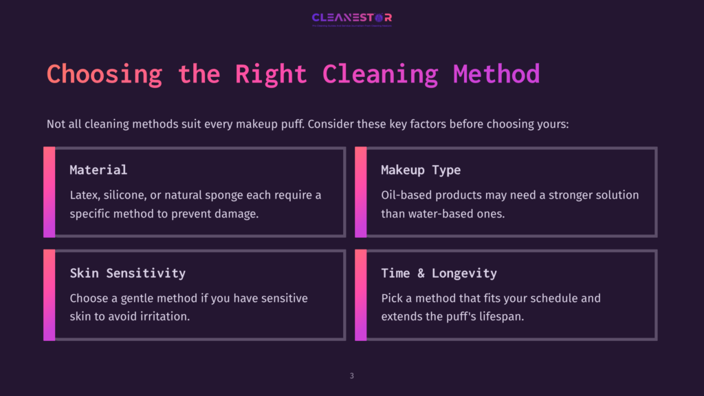 Text On A Purple Background Outlines Key Factors For Choosing A Cleaning Method For Makeup Puffs, Including Material, Makeup Type, Skin Sensitivity, And Longevity.