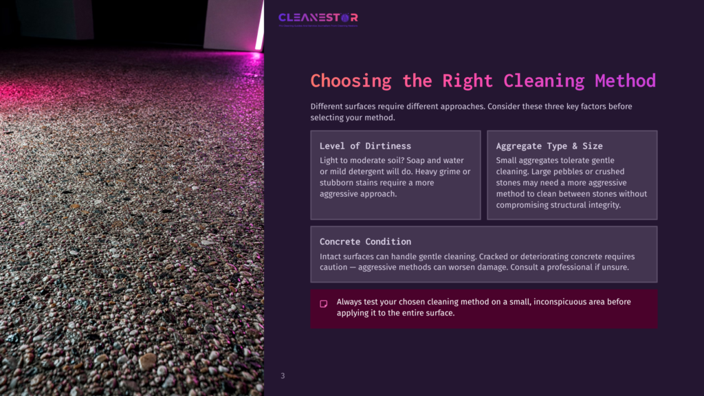 Close-Up View Of Exposed Aggregate Concrete Surface, Showcasing A Mix Of Stones In Various Colors, With A Soft Purple Backlight Highlighting Texture.