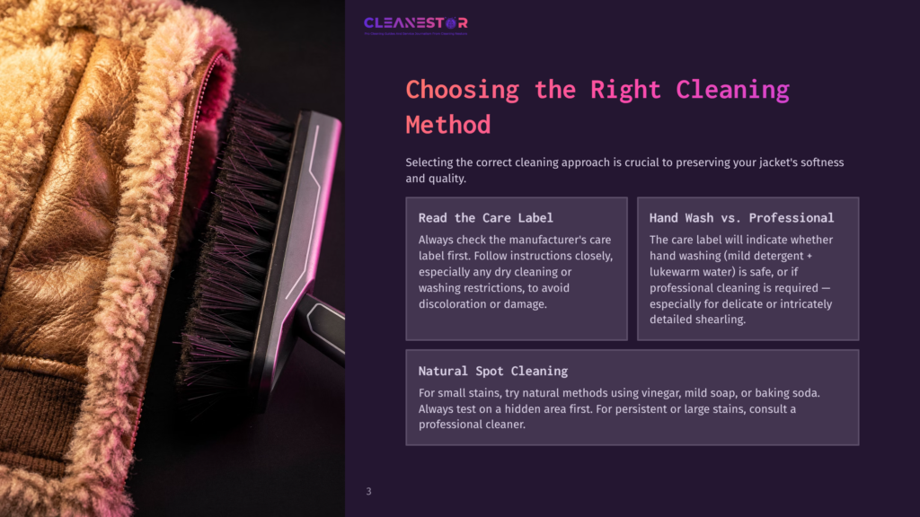 Close-Up Of A Brown Leather Jacket With Fur Trim And A Black Cleaning Brush, Next To Text About Choosing The Right Cleaning Method For Jackets.