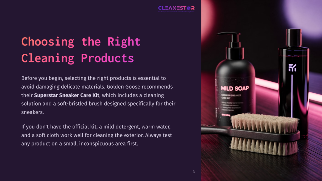 A Black Bottle Of Mild Soap With A Pump And A Soft Brush On A Dark Wooden Surface, Highlighted By Purple And Pink Text On The Left.