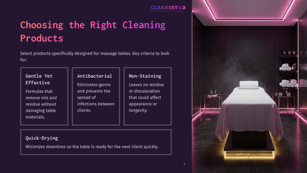 A Clean Massage Table In A Dimly Lit Room With Purple Ambient Light, Accompanied By Neatly Stacked Towels And A List Of Cleaning Product Features.