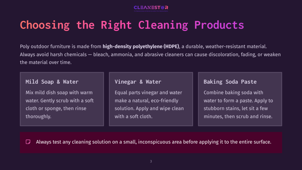 A Graphic With The Cleanestor Logo And The Title &Quot;Choosing The Right Cleaning Products&Quot; Over A Dark Purple Background. The Graphic Displays Three Cleaning Options For Poly Outdoor Furniture: Mild Dish Soap, Vinegar And Water, And Baking Soda Paste, With Descriptive Text For Each.
