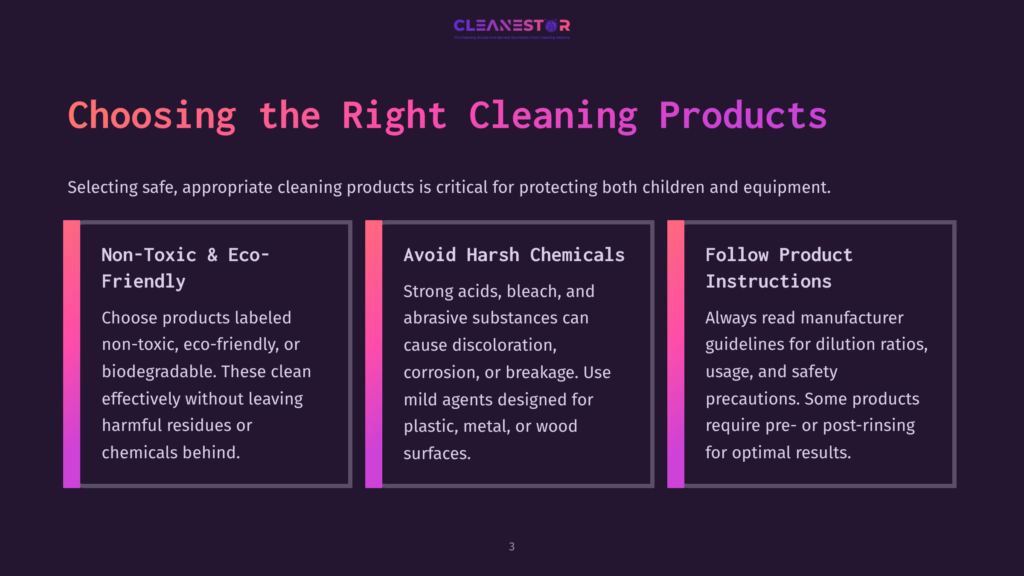 3 Choosing The Right Cleaning Products 3 Three Sections Of A Dark Purple Graphic Titled &Quot;Choosing The Right Cleaning Products.&Quot; The Left Section Is Purple And Pink And Discusses &Quot;Non-Toxic &Amp; Eco-Friendly&Quot; Cleaning. The Middle Section Is Purple And Orange And Advises To &Quot;Avoid Harsh Chemicals.&Quot; The Right Section Is Purple And Yellow And Suggests To &Quot;Follow Product Instructions.