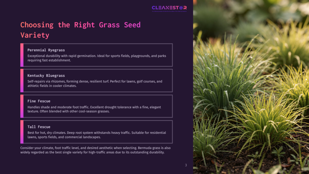 Close-Up Of Lush Green Grass With Dew Drops, Partially In Focus, With A Dark Purple Background Featuring Text About Choosing The Right Grass Seed.